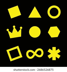 Uma grade de nove formas geométricas e símbolos amarelos brilhantes, incluindo um quadrado, triângulo, círculo, coroa, hexágono, infinito e asterisco para uso de design