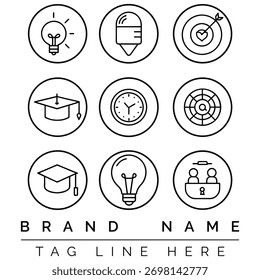 A grid of nine circular icons with black outlines on a white background