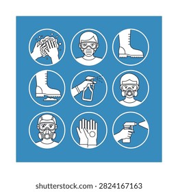 A grid of nine circular icons illustrating various personal protective equipment and safety measures, including hand washing, safety glasses, masks, respirators, boots, gloves, and spraying disinfectants, all against a blue background.