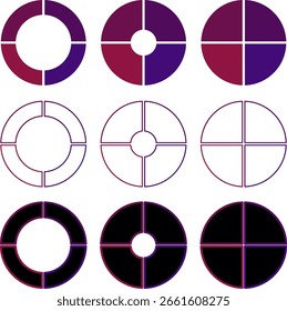 grid of nine circular segmented shapes, each divided into four quadrants. The circles vary in fill color (gradient, black, white) and center style 