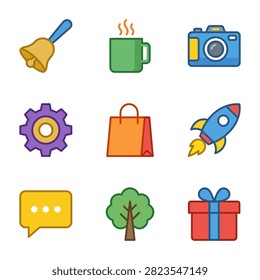 A grid of nine colorful, flat design icons including a bell, coffee cup, camera, gear, shopping bag, rocket, speech bubble, tree, and gift box.