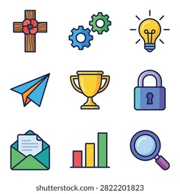 A grid of nine colorful icons including a cross, gears, lightbulb, paper airplane, trophy, padlock, envelope, bar chart, and magnifying glass.