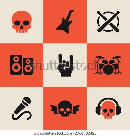Grid of nine distinct black icons representing elements of rock and roll music culture, set against a contrasting orange and beige background. Vector