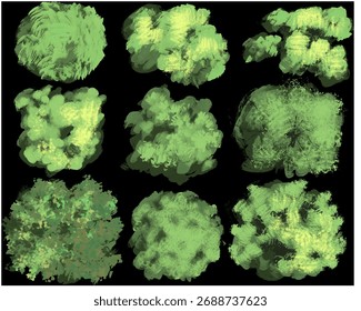 Una cuadrícula de nueve texturas digitales distintas pintadas a mano que representan doseles o arbustos de árboles. Las Formas varían en estilo, presentando pinceladas notables y manchas en múltiples tonos de verde y amarillo