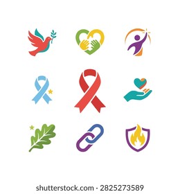 A grid of nine distinct icons, each symbolizing different ideas like peace, unity, health, nature, and protection.