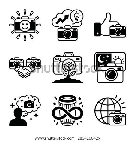 A grid of nine distinct icons, each illustrating a different aspect of photography and visual communication.