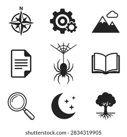 A grid of nine distinct icons including a compass, gears, mountains, document, spiderweb, book, magnifying glass, moon, and tree