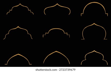 Una cuadrícula de nueve diseños de arco islámico distintos presentados como delgados contornos dorados sobre un fondo negro sólido. Cada arco presenta curvas únicas y Elementos decorativos, que muestran una variedad de Formas arquitectónicas tradicionales. Los diseños son simétricos y geométricos, evocando una sensación de patrimonio cultural y decoración ornamentada.