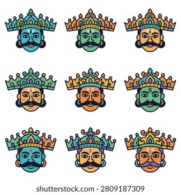 A grid of nine distinct king faces, each adorned with a unique, colorful, and elaborate crown, showcasing varied facial features and expressions.