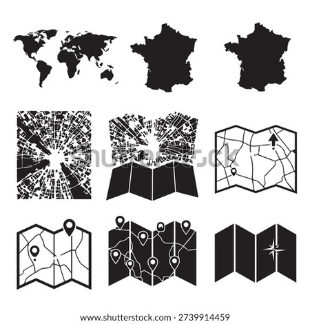 Grid of nine distinct map-related icons set