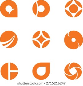 A grid of nine distinct orange abstract circular logos, showcasing modern graphic design elements.
