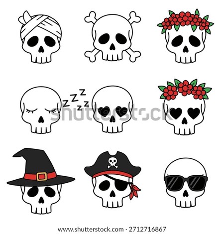 A grid of nine distinct skull illustrations, each with unique embellishments like bandages, flowers, hats, and eye patches.