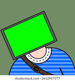 A grid of nine faceless characters with green monitor heads, symbolizing tech-dominated identities.