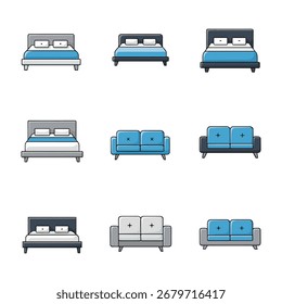 Una cuadrícula de nueve iconos de diseño plano con camas y sofás. El mobiliario se presenta en un estilo sencillo y limpio con contornos negros llamativos.  
