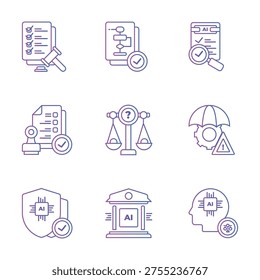 A grid of nine gradient-colored line icons illustrating various aspects of artificial intelligence regulation, compliance, and ethical considerations, including legal review, process approval, risk management, security, and governance.