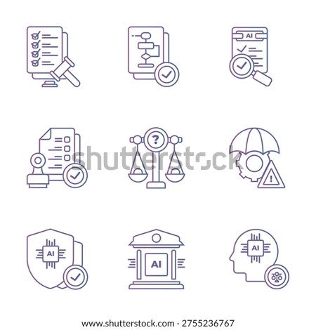 A grid of nine gradient-colored line icons illustrating various aspects of artificial intelligence regulation, compliance, and ethical considerations, including legal review, process approval, risk management, security, and governance.