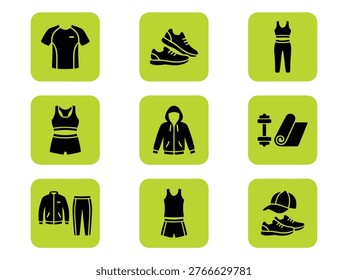 A grid of nine green square icons featuring black silhouettes of sportswear and fitness equipment.