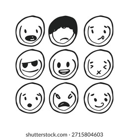 Una cuadrícula de nueve caras dibujadas a mano, cada una mostrando una emoción única. Las caras son simples, contornos circulares con características básicas como ojos, boca y cejas. Las emociones van desde la felicidad y la sorpresa hasta la ira y la tristeza. Una cara lleva gafas de sol, añadiendo un toque de emoción fresca u oculta. El estilo general es juguetón y caprichoso, con líneas negras audaces sobre un fondo blanco.