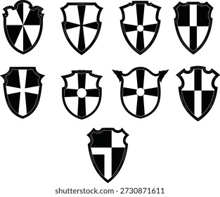 Grade de nove escudos heráldicos com desenhos geométricos em preto e branco, ideal para reconhecimento de padrões e quebra-cabeças de raciocínio visual