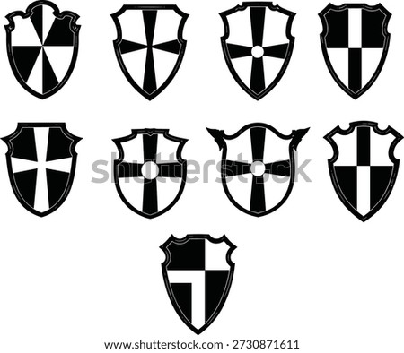 Grid of nine heraldic shields with black and white geometric designs, ideal for pattern recognition and visual reasoning puzzles