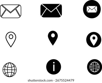 A grid of nine icons featuring envelopes for email, map pins for location, and globes representing the world or internet, presented in both outline and solid black styles.