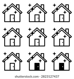A grid of nine identical house icons, each depicted as clean and sparkling, symbolizing home upkeep and cleanliness.