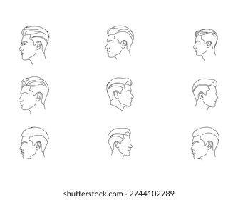 A grid of nine minimalist line art illustrations depicting men's heads in profile, each showcasing different modern hairstyles with faded sides and styled tops, emphasizing contemporary male grooming.