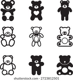 Una cuadrícula de nueve iconos de oso de peluche monocromo, con diseños sólidos y de contorno, perfecto para temas infantiles o proyectos lúdicos.