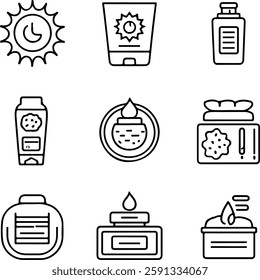 A grid of nine outlined icons representing skincare and cosmetic products, including creams, sun protection, and containers.