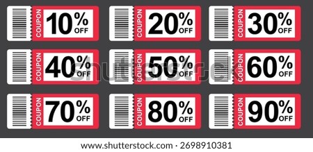 A grid of nine red and white discount coupons with varying percentages from 10% to 90% off, each featuring a barcode for retail promotions.