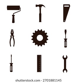 Uma grade de nove ícones de silhueta representando várias ferramentas. rolo de tinta, martelo, serra. apresenta alicate, uma engrenagem, chave de fenda. chave de fenda, régua com marcas e uma chave de fenda.