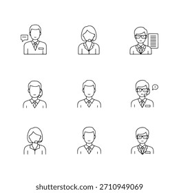 Una cuadrícula de nueve simples iconos de contorno negro representa a personas con atuendo de negocios. Algunos usan auriculares, otros guardan documentos o tienen burbujas de chat.