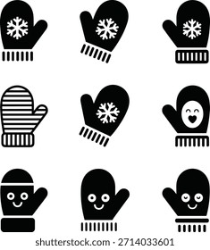 A grid of nine simple black and white mitten icons featuring snowflakes and smiley faces.