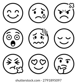 A grid of nine simple black and white emoji faces, each depicting a distinct emotion like happiness, sadness, anger, surprise, and love.