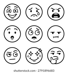 A grid of nine simple black and white drawings of emoticons expressing different feelings and moods.