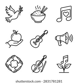 A grid of nine simple black and white line art icons depicting a dove with an olive branch, a bowl of rice, a musical note, a hand holding an apple, a guitar, a megaphone, a symbol of unity, a violin, and a plant with musical notes.