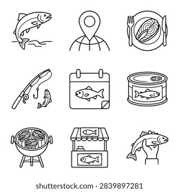 A grid of nine simple black and white line art icons depicting fish, fishing, and food preparation.
