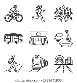 A grid of nine simple line art icons depicting various modes of transportation and human activities like cycling and running.