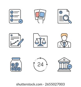 A grid of nine simple line icons in blue and white on a white background, depicting financial and business concepts.