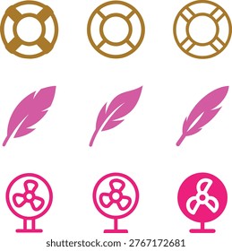 A grid of nine simple vector icons featuring three lifebuoy symbols, three pink feathers, and three electric fan graphics on a clean white background.