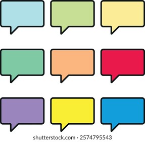 Grid of nine speech bubbles in various colors (light blue, light green, light yellow, green, orange, red, purple, yellow, blue). Communication, conversation.