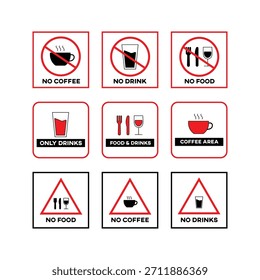 A grid of nine square signs, each displaying a prohibition or warning related to food and drinks, using clear icons and text.