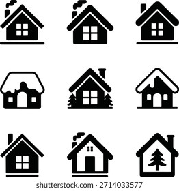 A grid of nine stylized black house icons with varying details like chimneys and snow.