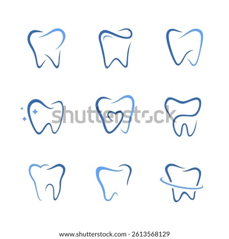 A grid of nine stylized tooth icons in blue tones, featuring various designs such as a sparkling tooth, a heart-shaped tooth, and a tooth with a circular orbit. Ideal for dental branding.