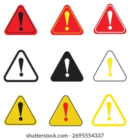 A grid of nine triangular warning signs featuring an exclamation mark in various colors including red, black, white, and yellow.