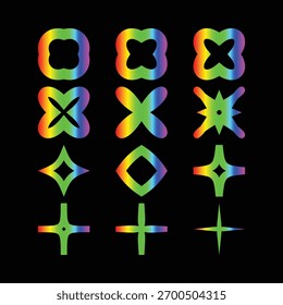 Uma grade de nove símbolos geométricos abstratos exclusivos em gradientes de arco-íris vibrantes, ideais para elementos e conceitos de design moderno.