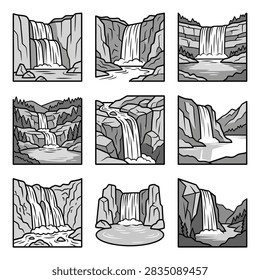 A grid of nine unique black and white illustrations depicting various waterfall scenes with rocky cliffs and water flow.