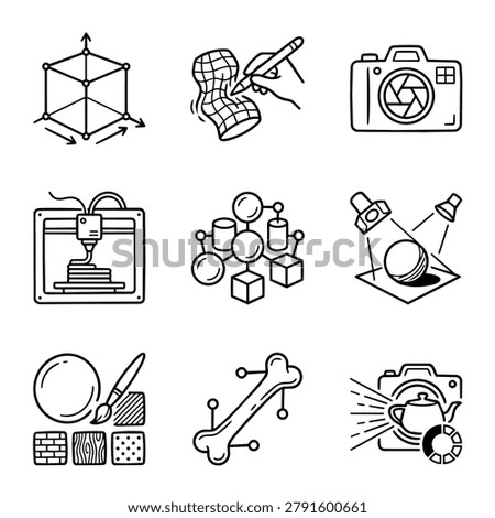 A grid of nine unique hand-drawn icons illustrating various aspects of technology and design, including 3D modeling, printing, and photography.