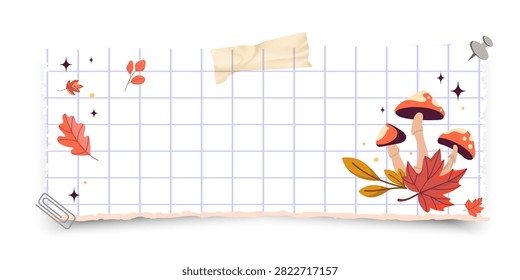Grid notebook torn paper template with cute Autumn mushrooms and colorful fall leaves washi tape paper clip and push pin creating a cozy scrapbook style background . Vector illustration