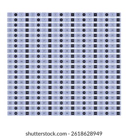 Grid of numbered buttons with different black and white styles on blue background_user interface elements_design pattern